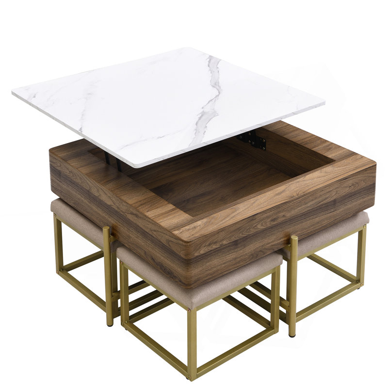 Ensemble de tables basses Modernes à plateau relevable carré avec rangement 4 repose-pieds noyer blanc