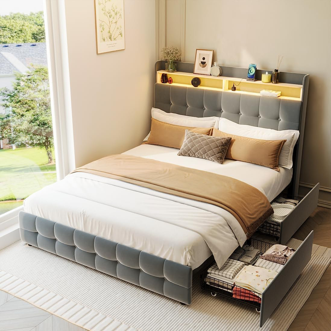 17 Stories Full Size Bed Frame with 2 Storage Drawers Upholstered Bed ...