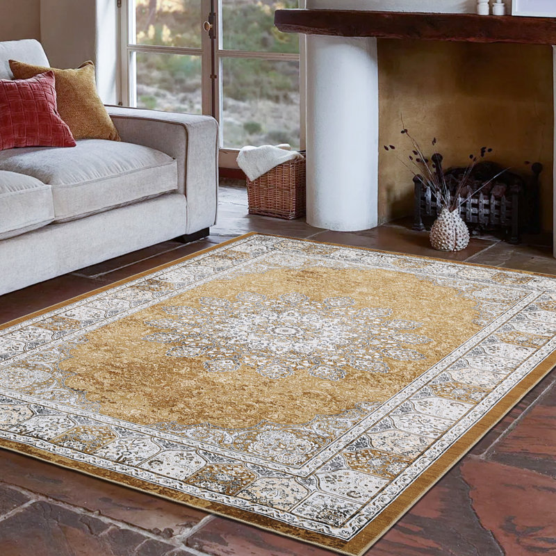 5'x7' Washable Vintage Floral Area Rug, Non-Slip Distressed Indoor Carpet for Living Room Bedroom, Camel Gold, Gold