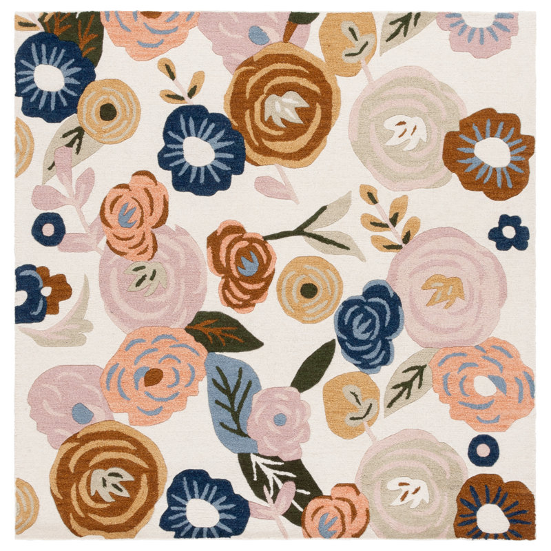 Chelsea Tufted Wool Cotton With Latex Floral Rug in Ivory/Pink, Square 6'