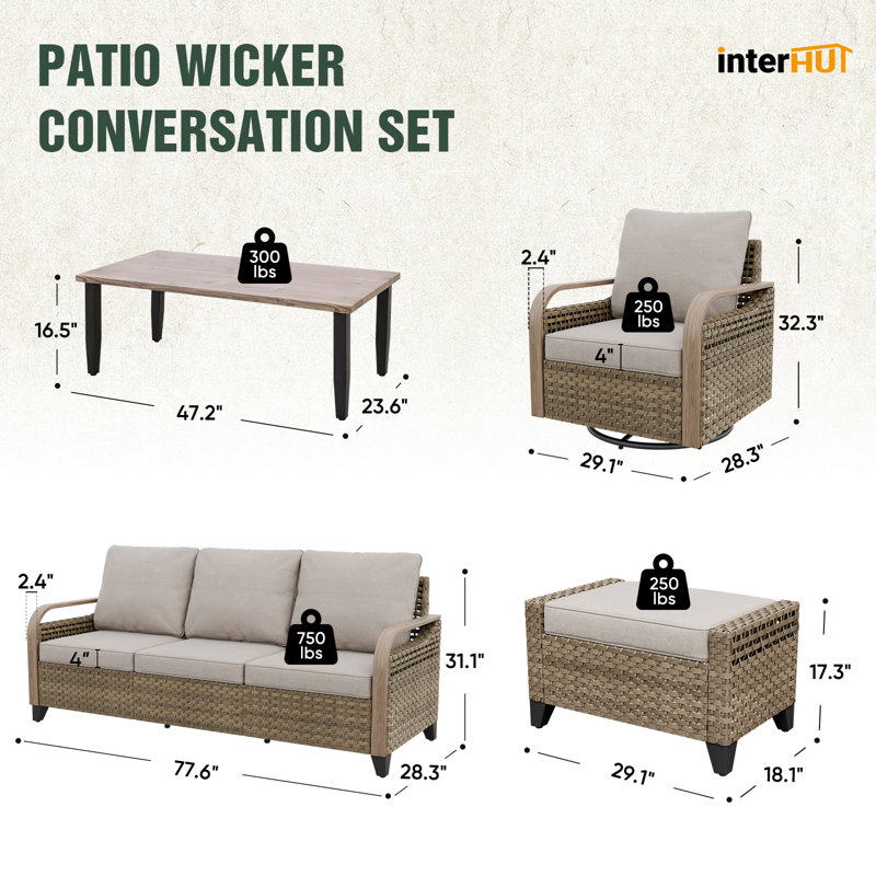 6-Piece Outdoor Patio Brown Wicker Wood Grain Armrest Swivel Glider Chair 3-Seat Sofa Seating Group with Cushion, Ottomans, Coffee Table