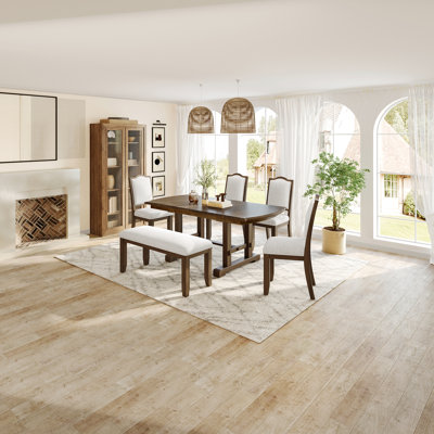 Six-Piece Extendable Dining Table Set with Removable Leaf, Upholstered Chairs and Bench, Ideal for Family Dinners and Gatherings
