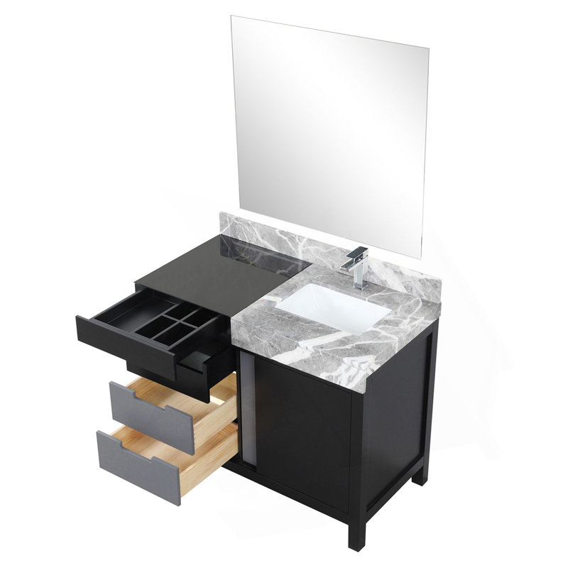 Meuble-lavabo noir et gris 42 po X P 22 po D, dessus en marbre gris château, ensemble de robinets chromés et Miroir