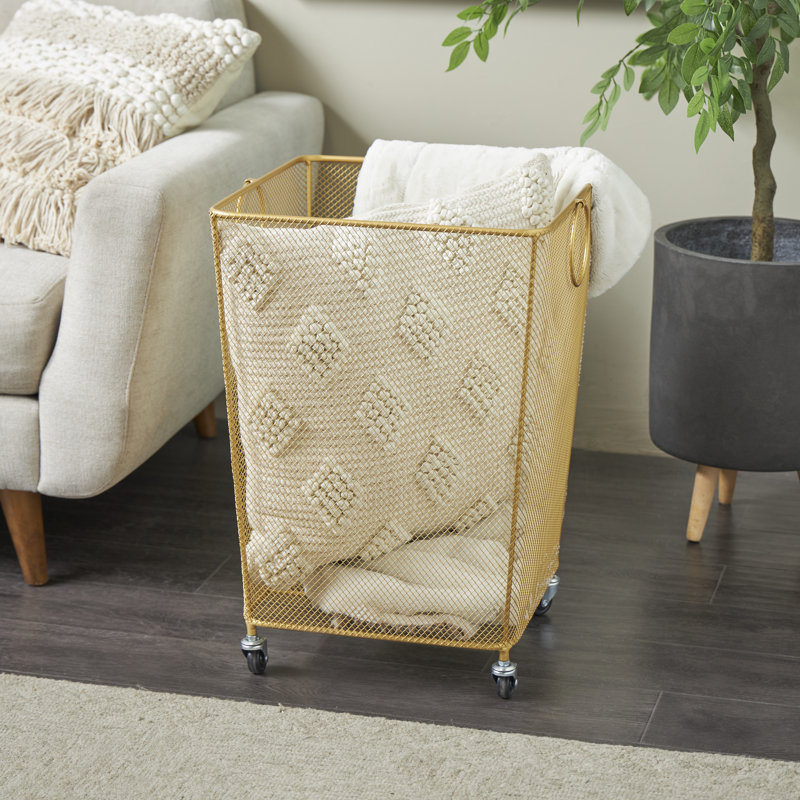 Cole And Grey Metal Square Mesh Wire Rolling Laundry Storage Basket With Ring Handles, Black