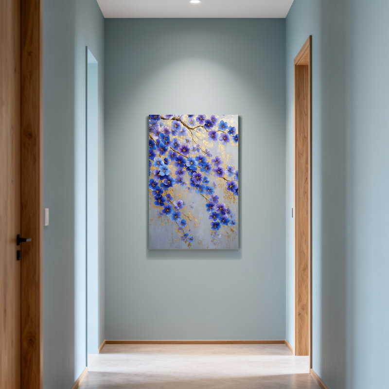 «Plants & Flowers Blue Flowers On Golden Branches», reproduction d'art, H 48 po x l 32 po