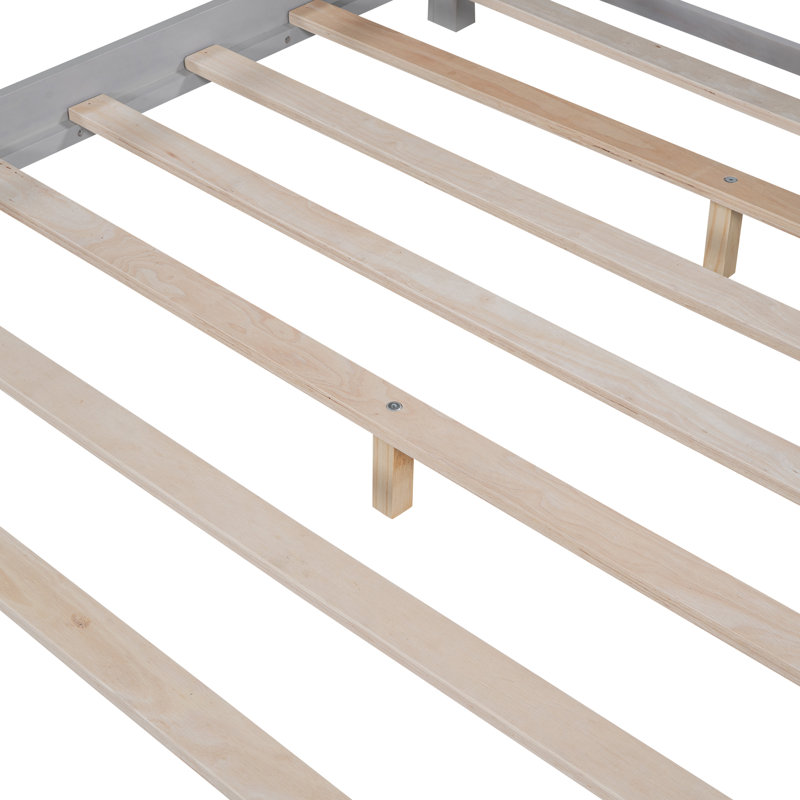 Lit plateforme double en bois avec éclairage à DEL intégré, tête de lit avec rangement et garde-corps, Gris antique