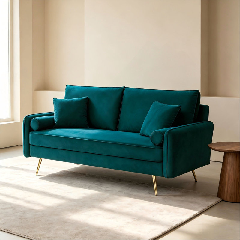 Causeuse moderne en velours 2 places, canapé à garniture cloutée et pieds en métal doré, Teal Blue Polyester