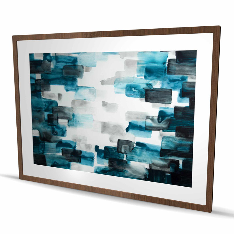 Turquoise et carrés gris - Reproduction d'art encadrée contemporaine