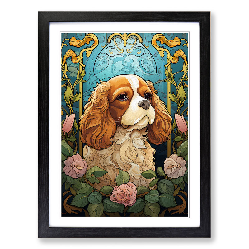 Cavalier King Charles Spaniel Nouveau - Single Picture Frame Print on Wood, Black Framed, 64cm H x 46cm W x 2cm D