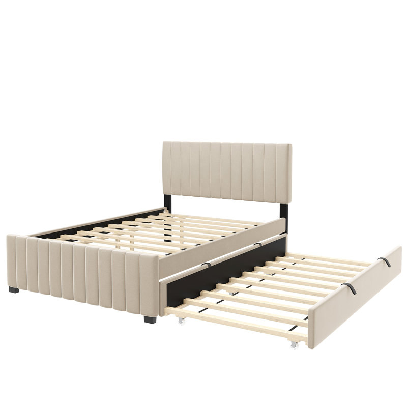 Velvet Upholstered Platform Bed with Trundle, Beige, Full/Double