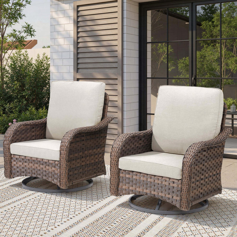 Ensemble de 2 chaises berçantes pivotantes en osier avec coussins lavables à la machine, Beige