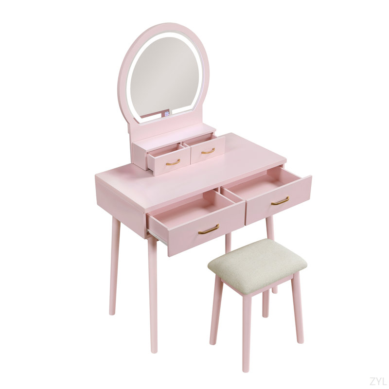 Beautiful Finish Vanity Dresser With Mirror And Stool Set Storage Drawers Bedroom Furniture 1Pc, Pink, Beige Fabric