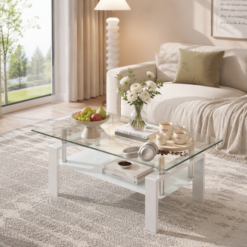 Table basse en verre trempé transparent, H 17,72 po x l 39,37 po x P 21,65 po, Transparent / Blanc