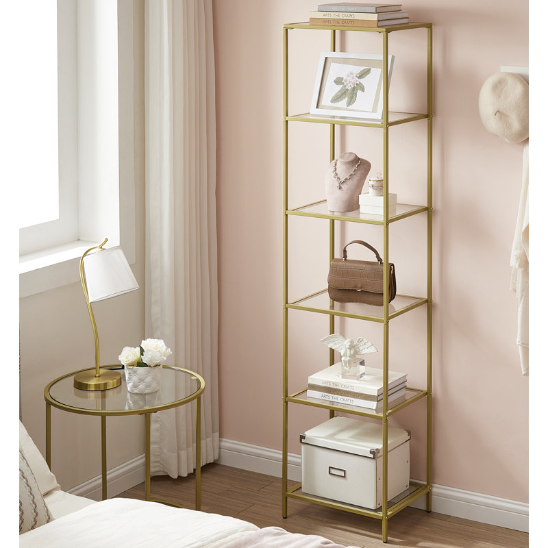 Agosti Stainless Steel Etagere Bookcase, (6 Shelves) 69.8" H x 15.7" W, Clear/Metallic Gold