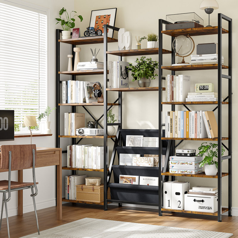 Bibliothèque à 5/6 niveaux avec bacs suspendus en tissu, tablettes réglables, unité de rangement, 6 niveaux, Brun / Noir