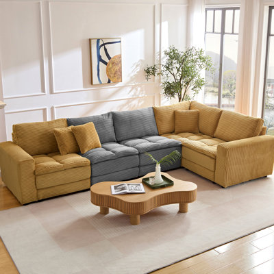 5 Seats L Shaped Corner Couch With Corduroy Upholstery, Detachable Cushions, Convertible Sleeper, Attractive For Living Room In Yellow And Grey Color Blend Sleeper Sectional Soft Seat Back Relaxing