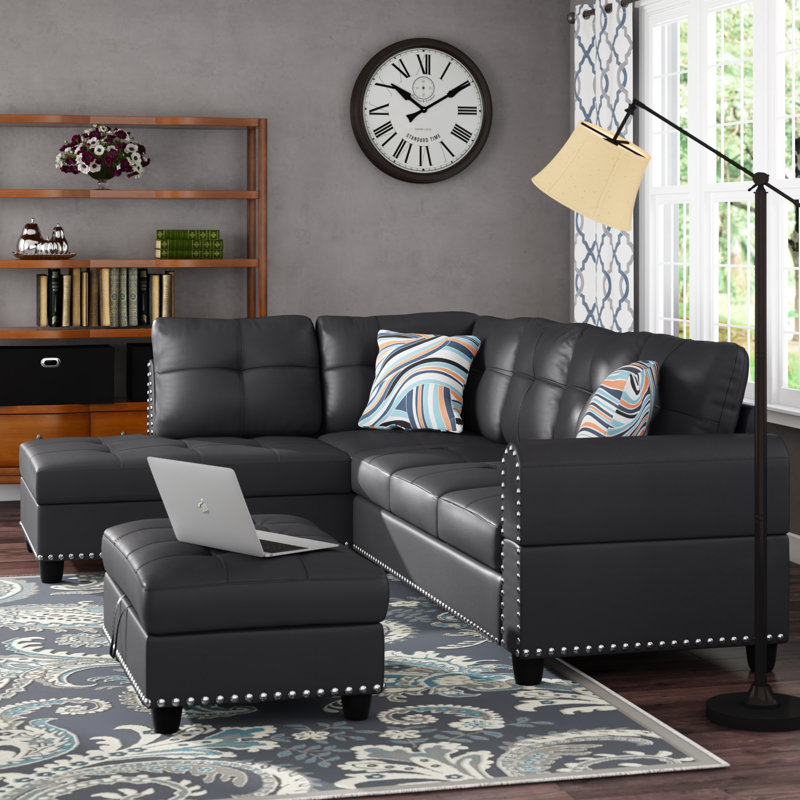 Plyler 97.2" Wide Modular Sectional with Ottoman, Black Faux Leather, Left Hand Facing