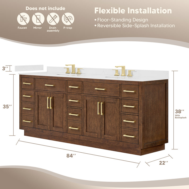 Beckett TK 84'' Free Standing Double Bathroom Vanity with Top, Dark Oak, Matte Black, White Quartz