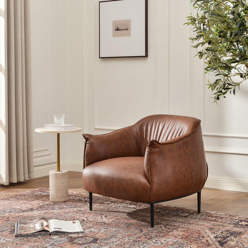 Arloh 33" Wide Hand-Tufted Faux Leather Barrel Chair, Brown