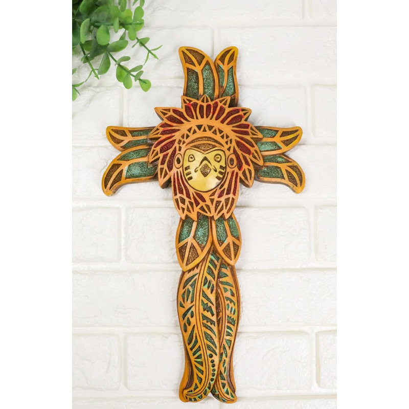 Native American Indian Owl Chief avec coiffe en fausse croix murale en bois