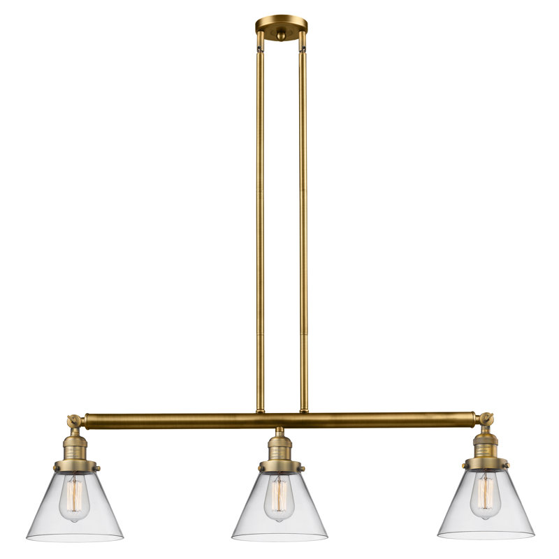 Cone 3 Light Stem Hung Island Light, 36" H x 36" W x 8" D, Clear, Brushed Brass