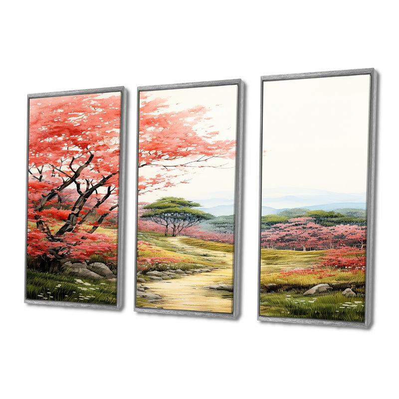 «Blossoming Red Autumn Tree Countryside Road», ensemble de reproductions d'art mural, Encadrement argenté