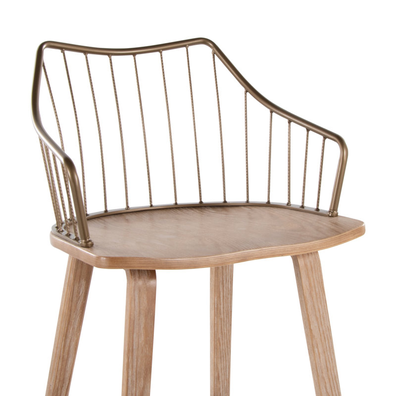 Tabouret de bar à hauteur fixe en bois blanchi et cuivre antique avec repose-pieds carré