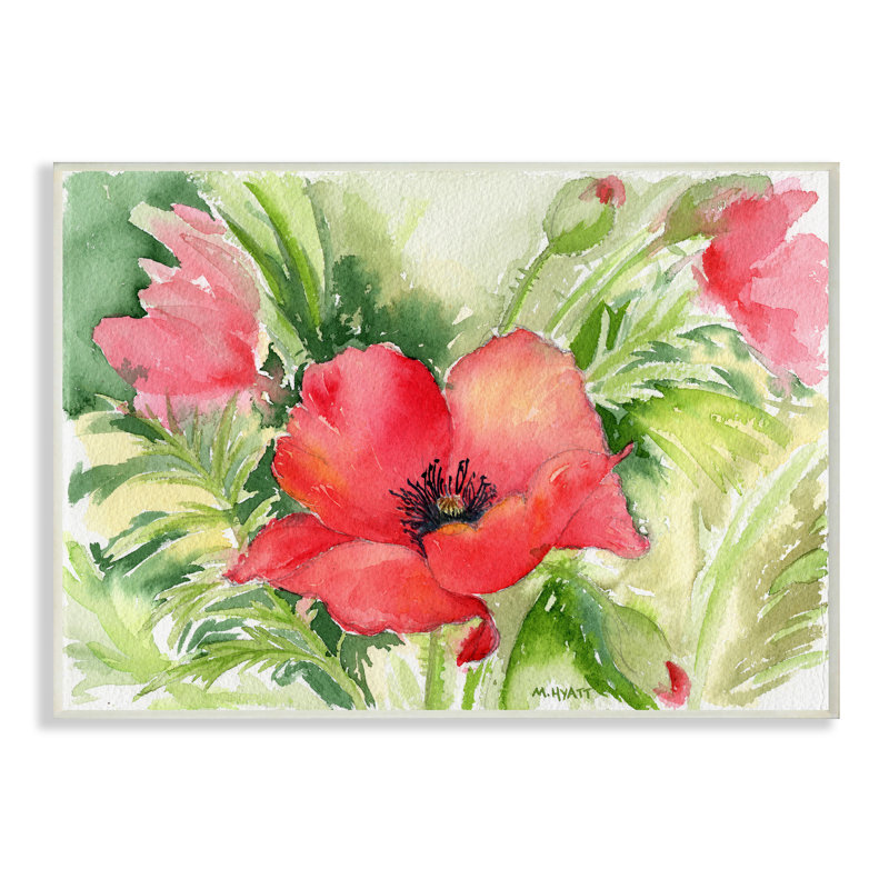 Coquelicots rouges entourés de verdure douce, H 13 po x l 19 po, Plaque murale
