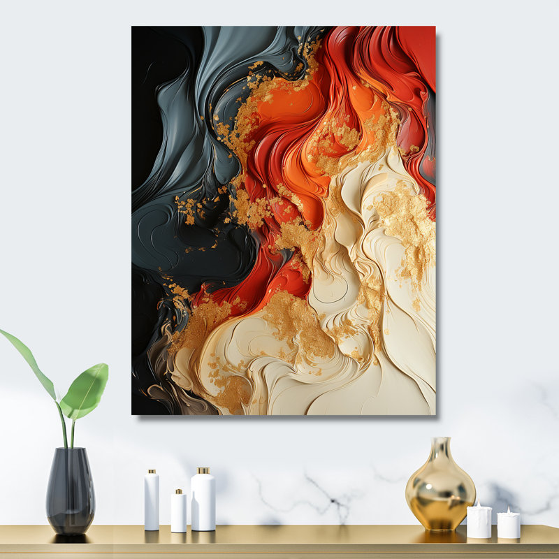 Rouge et or marbre volcan IV - art mural abstrait en métal, H 20 po x l 12 po x P 1 po