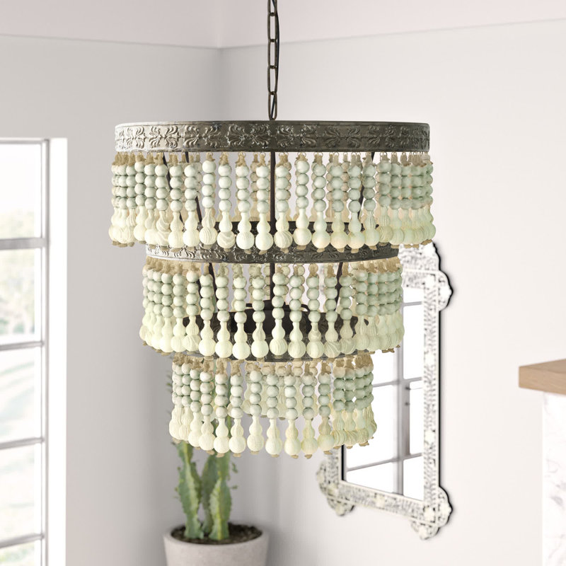 Aidescombe 3-Tier Wood Bead Chandelier, Mint