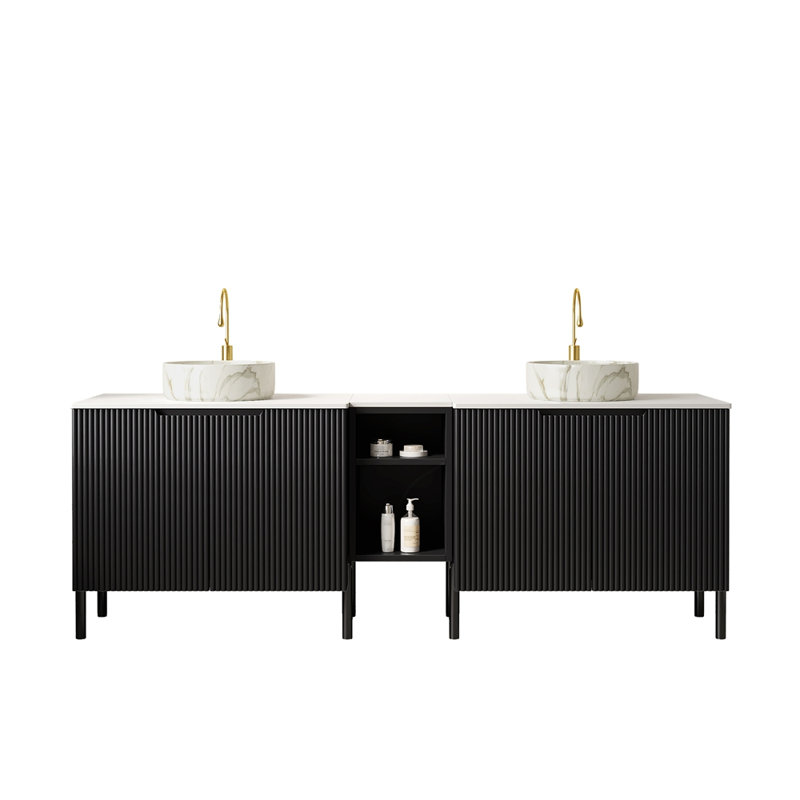 Meuble-lavabo double autoportant 72 po avec lavabo 72 po, 2 armoires de rangement rayées 30 po + tablette ouverte amovible 12 po, 2 vasques rondes en pierre avec comptoir blanc Carrara