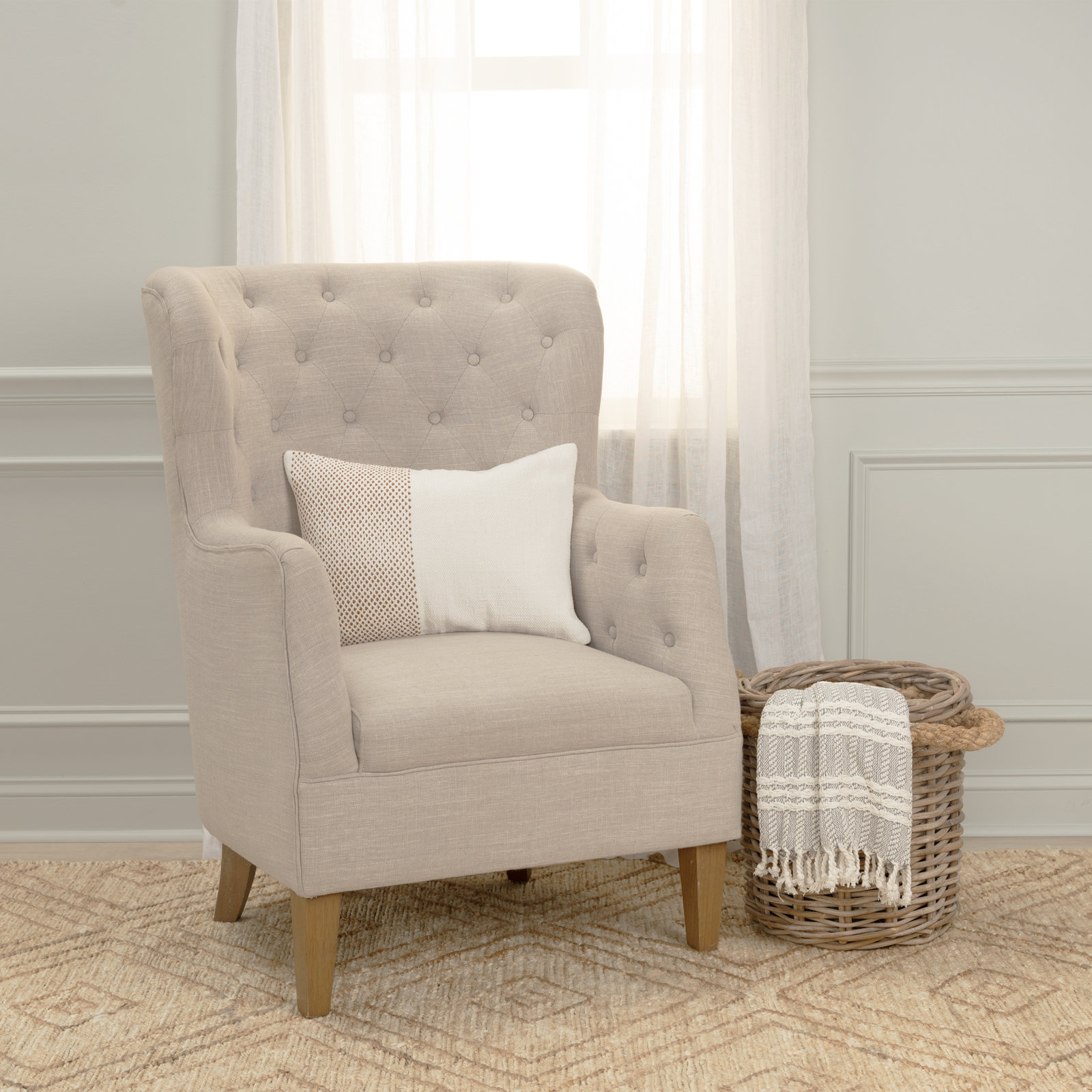 Farina Embroidered Cotton Lumbar Throw Pillow, Ivory/Camel