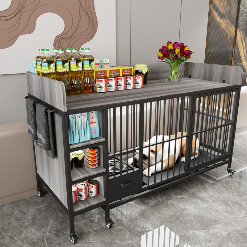 Grande cage pour animal de compagnie avec rouleau et cuve: 55,45 po Profondeur, 22,92 de largeur, 34,17 de hauteur, gris fumée sur roulettes: gris