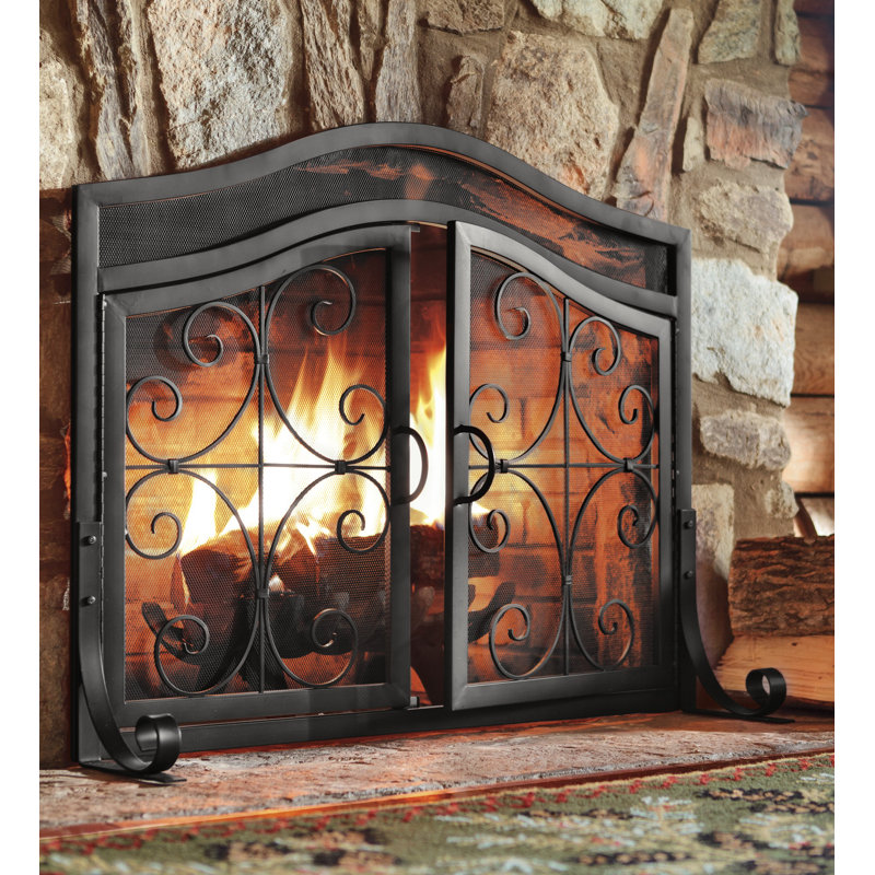 Small Crest Fireplace Screen With Doors, Black, 31.5" H x 38" W x 3.75" D