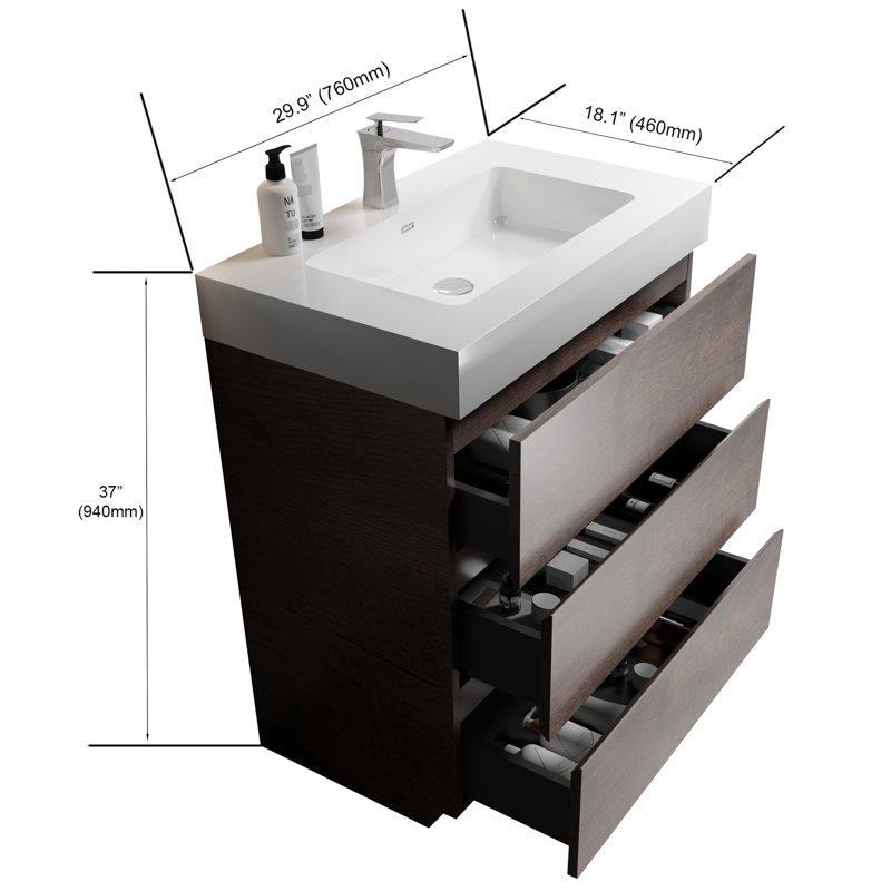 Meuble-lavabo de salle de bain 30 po - noyer, unité d'organisation spacieuse, lavabo blanc, système de tiroir noyer, élément élégant, rangement maximal, fonction silencieuse