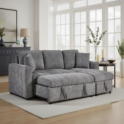 96" Gray Boucle Fabric Reversible Sleeper Sectional Sofa With Storage Chaise, Cupholders, USB Charging Port, And Throw Pillows
