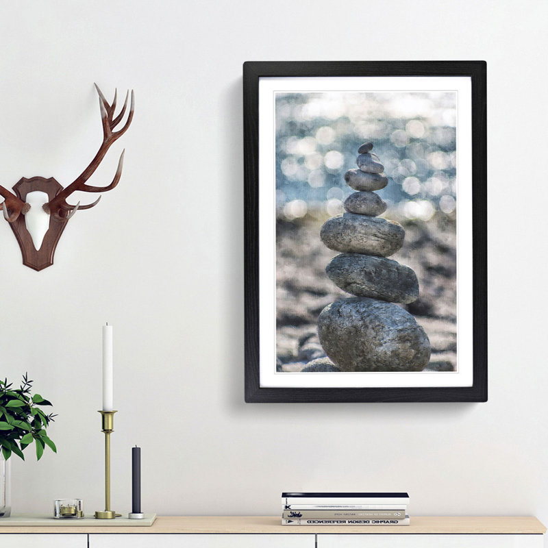 Stacked Zen Stones Painting - Framed Print, Black Framed, 87cm H x 62cm W x 2cm D