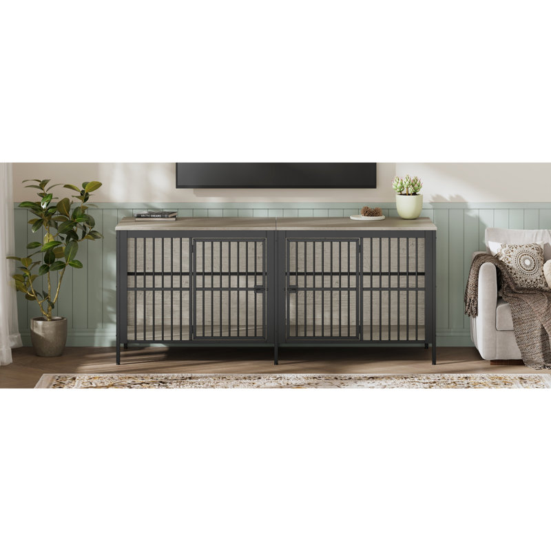 Table de bout de 80 po avec cage pour chien grise, chenil d'intérieur 2 portes robuste, meuble pour chien polyvalent comme meuble télé