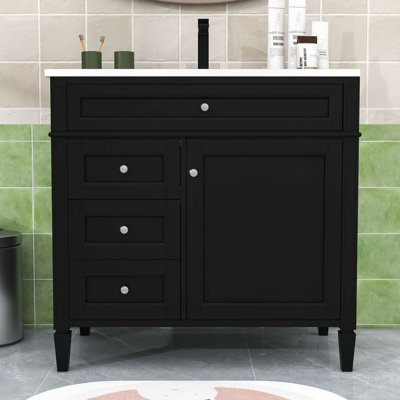 Meuble-lavabo de salle de bain avec lavabo en céramique, 2 tiroirs et un tiroir basculant