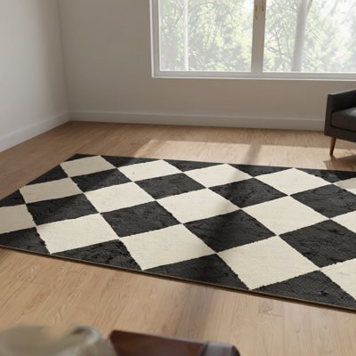 Black Checkered Geometric Woven Base Washable Carpet