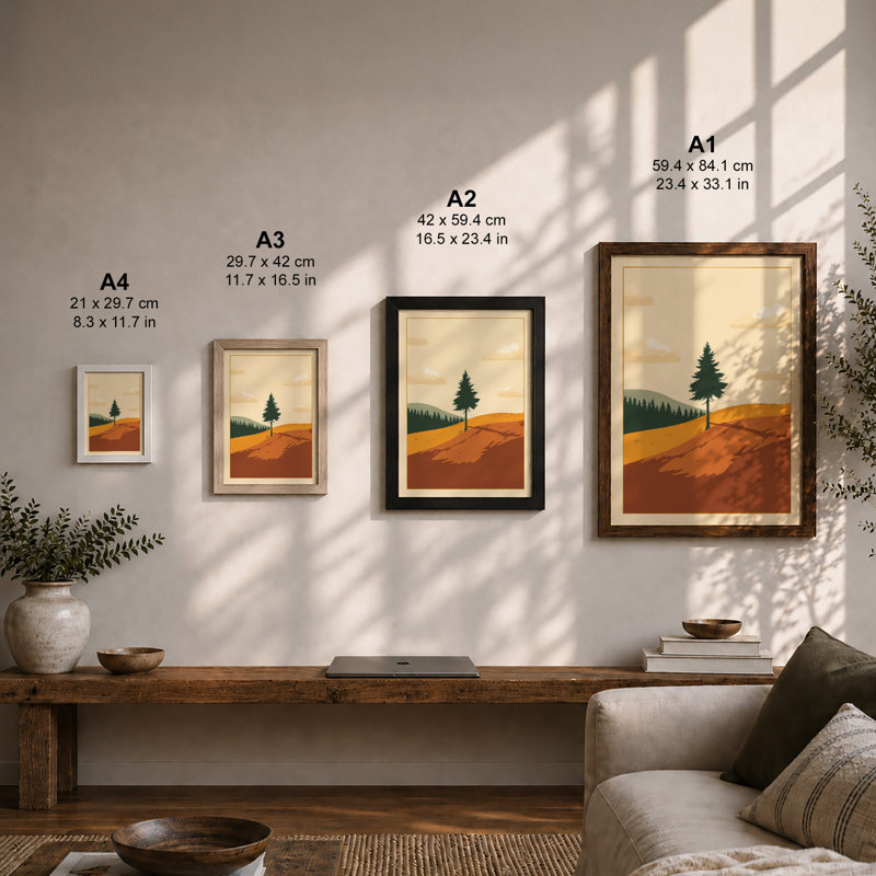 Evergreen on the Hill Minimalist - Framed Print, A2 - 59.4 x 42.0 cm, Oak
