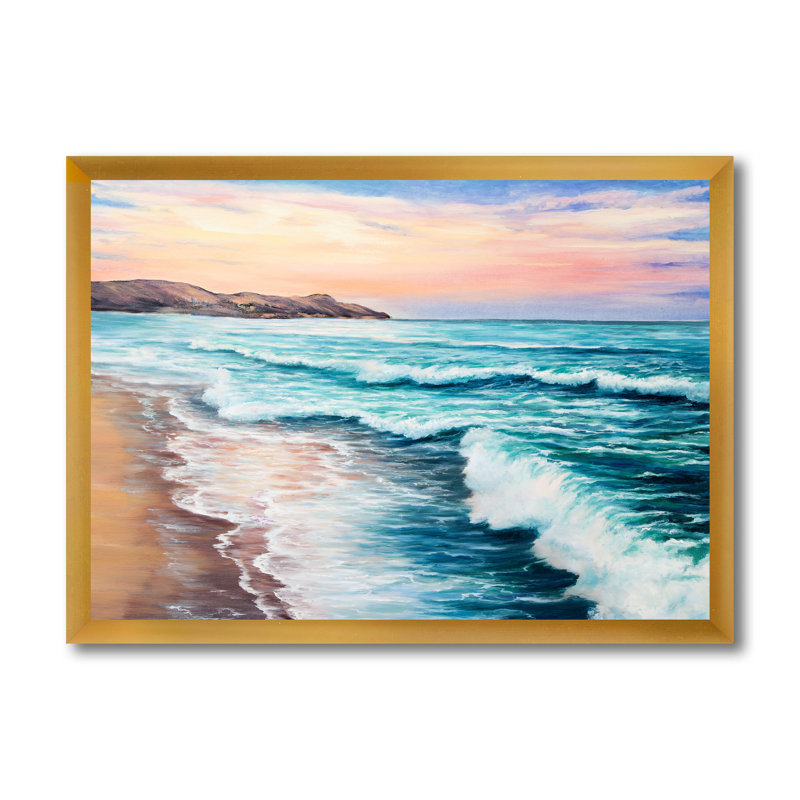 «Morning Light on the Ocean Waves III», peinture sur toile à cadre flottant, Toile encadrée d'or, H 30 po x l 40 po x 1,5 po