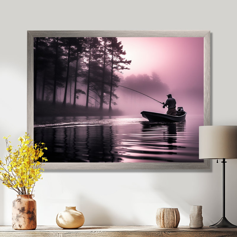 Fishing At The Lake I - Fishing Framed Canvas Print Hunting Wall Art, 30" H x 40" W x 1.5" D, Silver Single Picture Framed