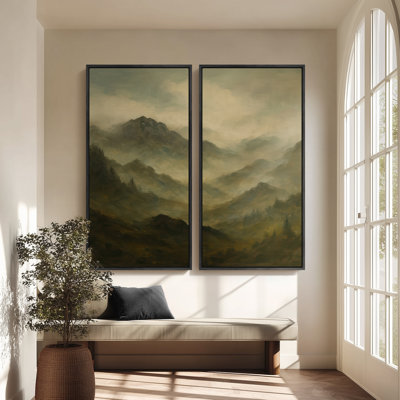 Moody Layered Mountain Atmosphere - Set of 2 Framed Wall Art Print on Canvas 60"x30"x2pcs