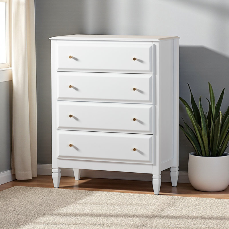 Harbor White Finish Wood 4-Drawer Gold Metal Knob Chest, 40.35" H X 31.32" W X 15.43" D