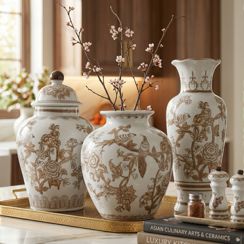 Hand-Painted Decorative Chinoiserie Vase Collection for Home Decor - Ceramic Ginger Jar, Floral Vase & Tall Table Vase - Modern Classic Centerpiece Set for Living Room, Dining Room - Set of 3, White & Brown