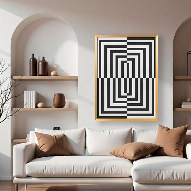 "Lignes noires et blanches", art texturé encadré, H 40 po x l 30 po, Doré