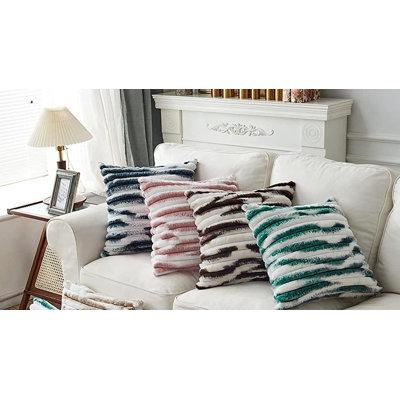 Striped Faux Fur Throw Pillow with Insert – Soft Fluffy Decorative Cushion for Sofa, Bed & Living Room, Multiple Colors 18" x 18"