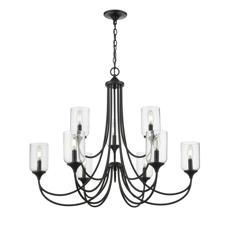 Lustre 9 lumières avec abat-jour en verre transparent Millennium Lighting Waddingham, Noir mat