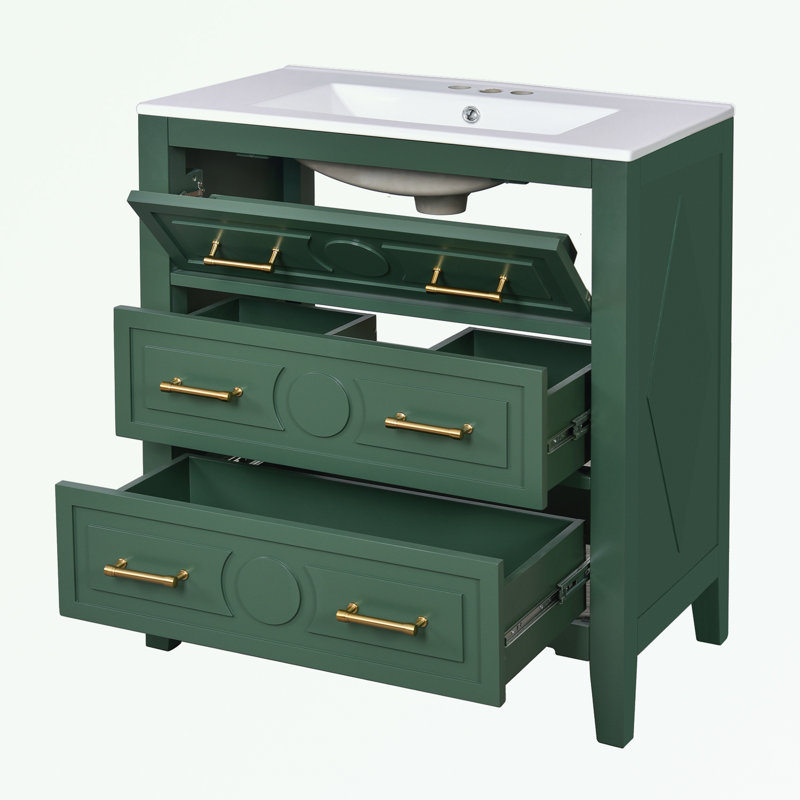 Ensemble de meuble-lavabo à structure en bois avec lavabo en céramique et 3 tiroirs, Vert